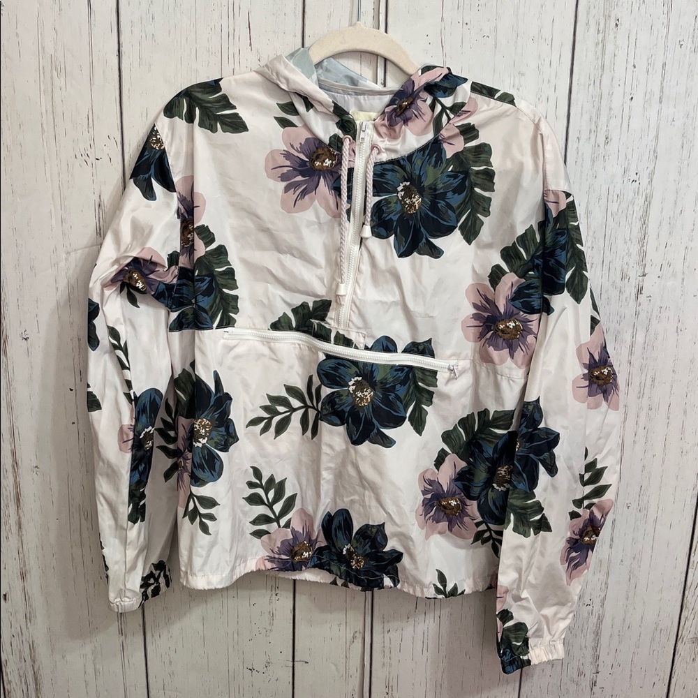 Thread & Supply Floral Hooded Windbreaker Jacket White, Blue, Pink, Green Med